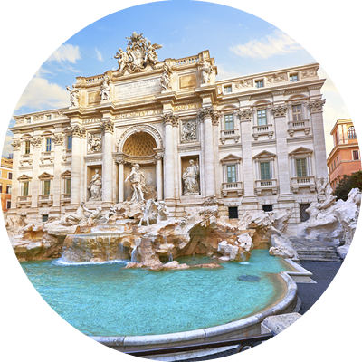 Trevi Fountain in Rome, Italy. Ancient fountain. Roman statues at piazza in old medieval city among traditional italian houses and street lamps. Famous landmark. Touristic destination for vacation.