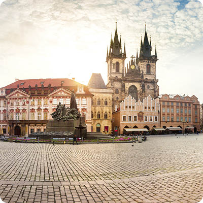 Kostel Panny Marie pred Tynem at the sunrise. Church of the Virgin Mary. Beautiful Old Town Square with the church without people in Romanesque - Gothic style.