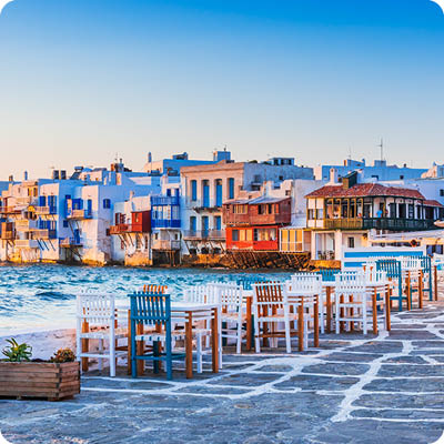 Mykonos, Greece. Waterfront in Little Venice, Mykonos at sunset.