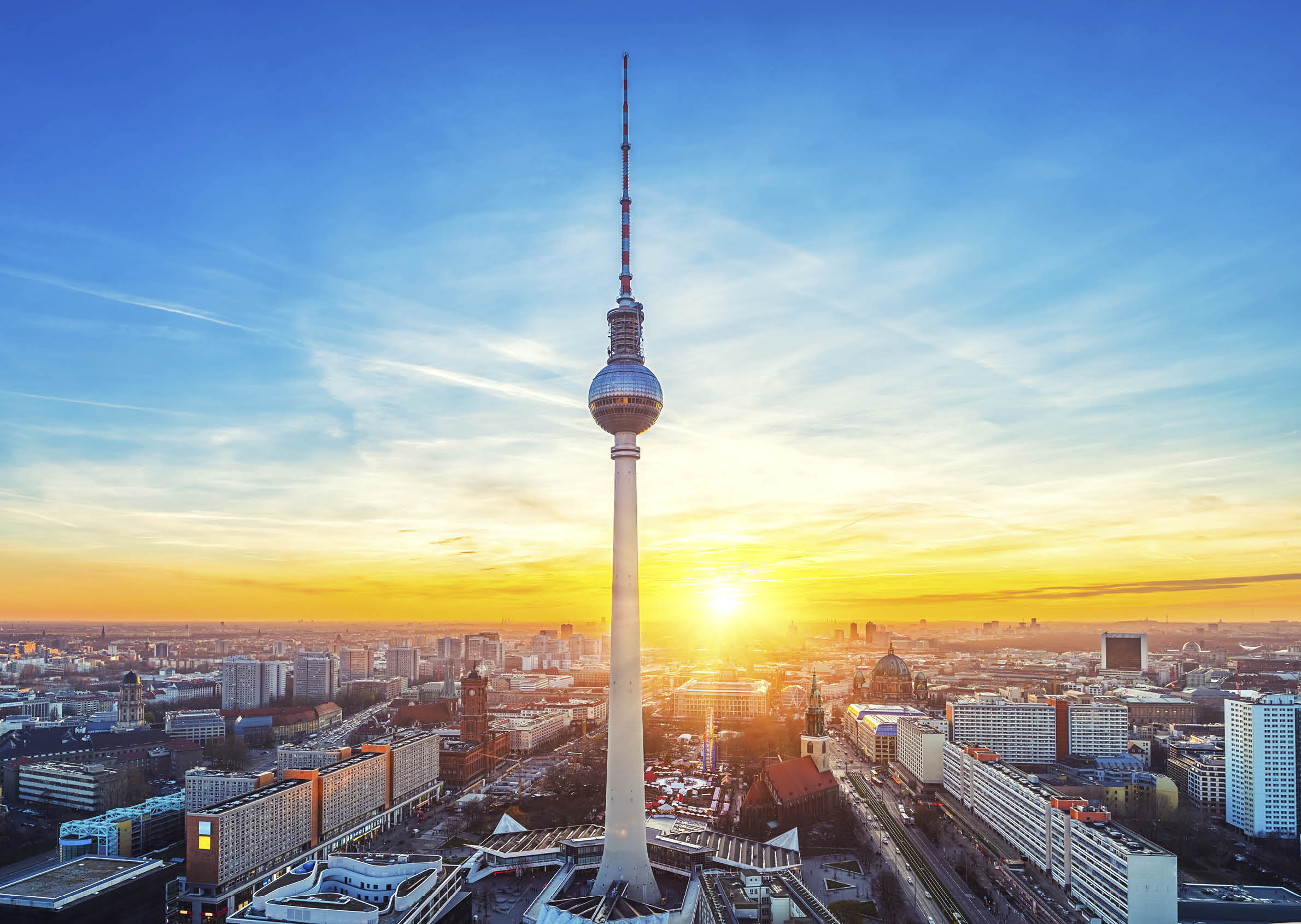 Aerial view on Alexanderplatz and Berlin city at sunset, Berlin, Germany