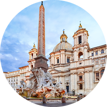 Fountain of the Four Rivers with an Egyptian obelisk and Sant Agnese Church on the famous Piazza Navona Square in the morning, Rome, Italy.