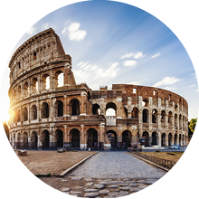 Colosseum in Rome during sunrise. Italy travel destination. Long exposure image with moving clouds.