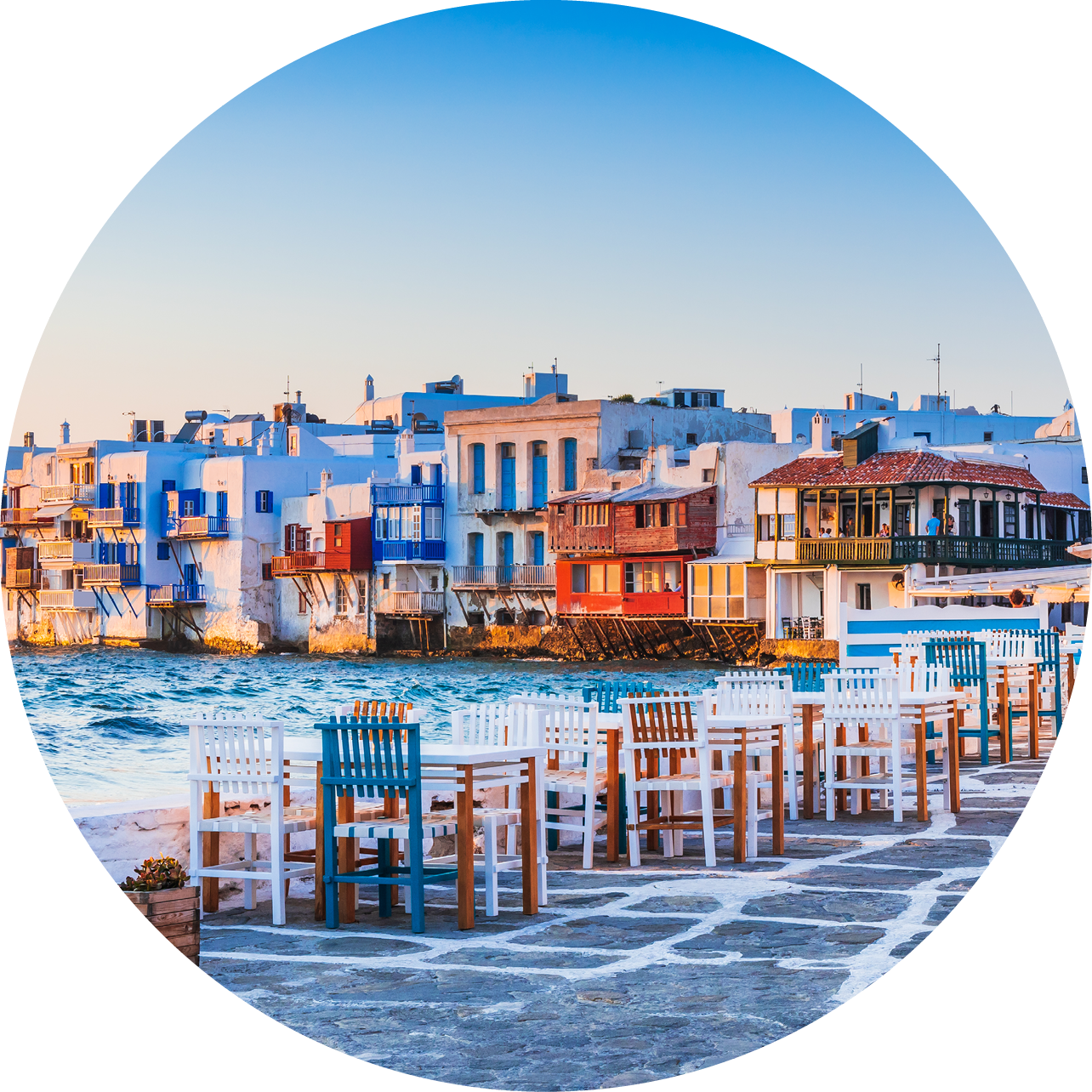 Mykonos, Greece. Waterfront in Little Venice, Mykonos at sunset.