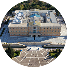 Aerial drone photo of Hellenic Parliament building in Syntagma square, Athens Attica, Greece