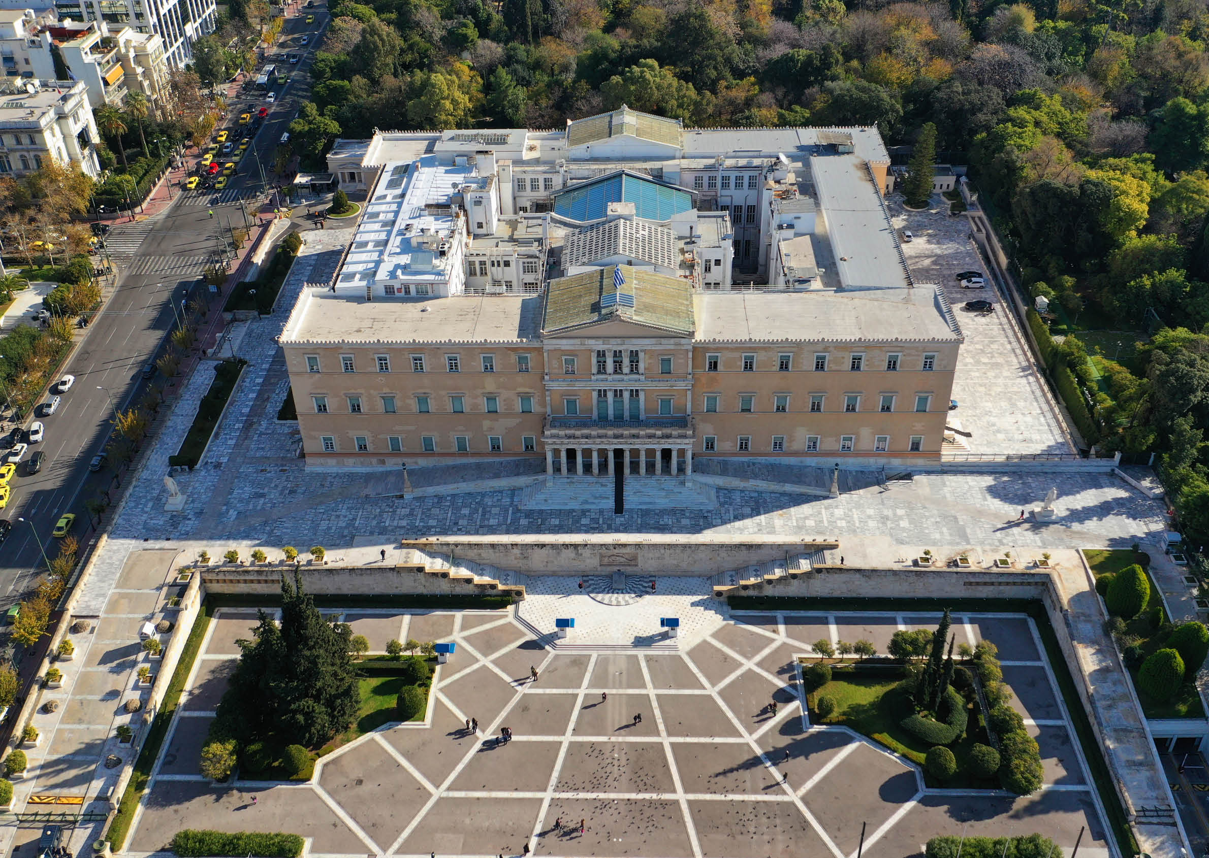 Aerial drone photo of Hellenic Parliament building in Syntagma square, Athens Attica, Greece