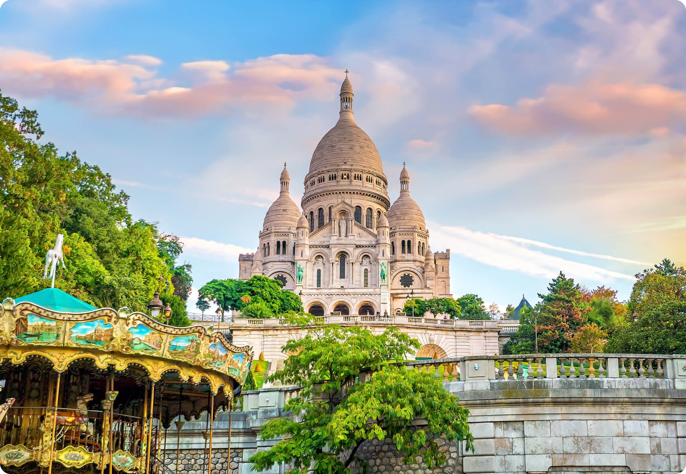 Sacre Coeur Cathedral on Montmartre Hill in Paris, France