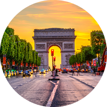 Champs-Elysees and Arc de Triomphe at night in Paris, France. Architecture and landmarks of Paris. Postcard of Paris