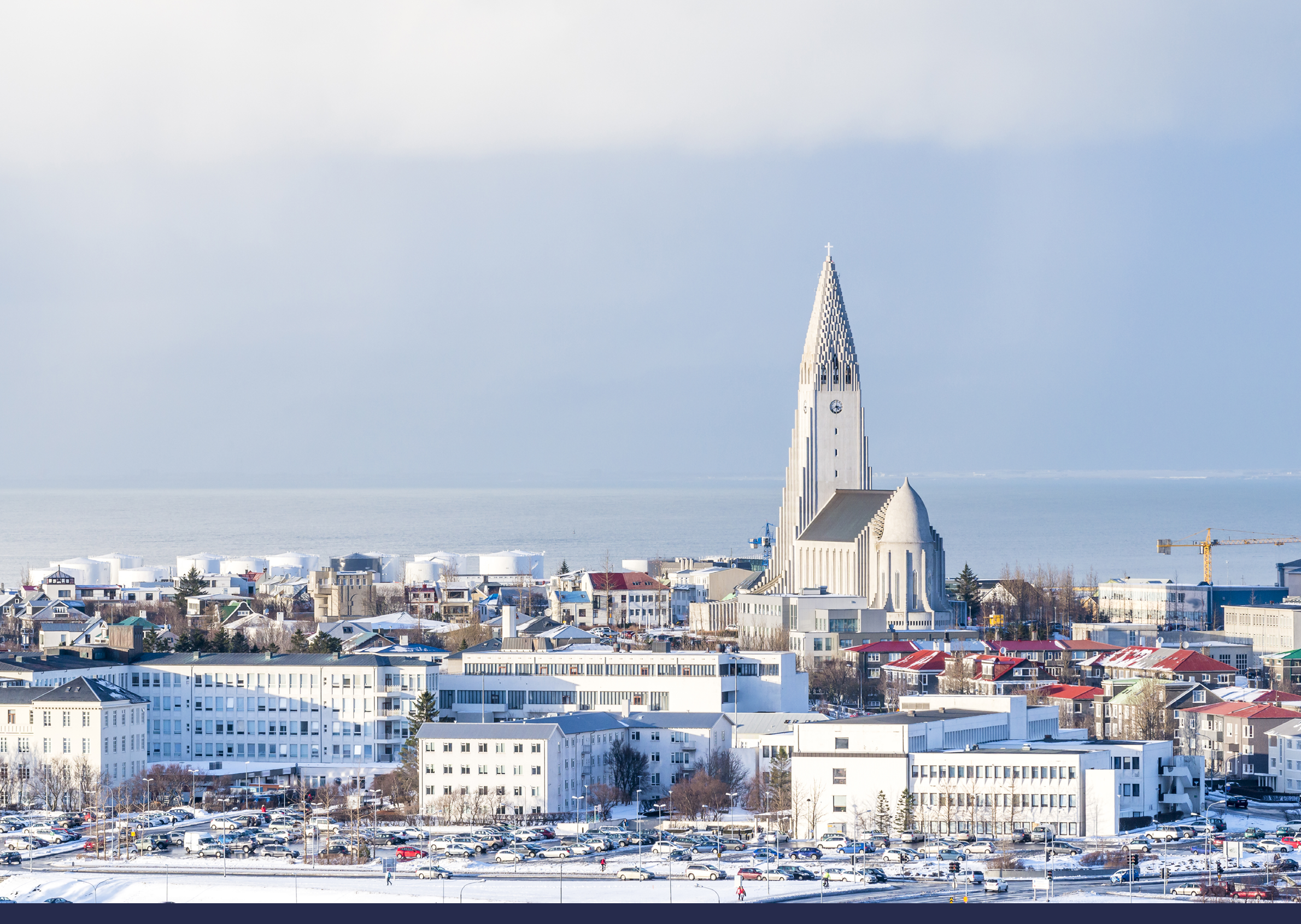 Aerial view of Reykjavik with the Hallgrimskirkja church, Iceland in winter.