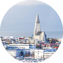 Aerial view of Reykjavik with the Hallgrimskirkja church, Iceland in winter.