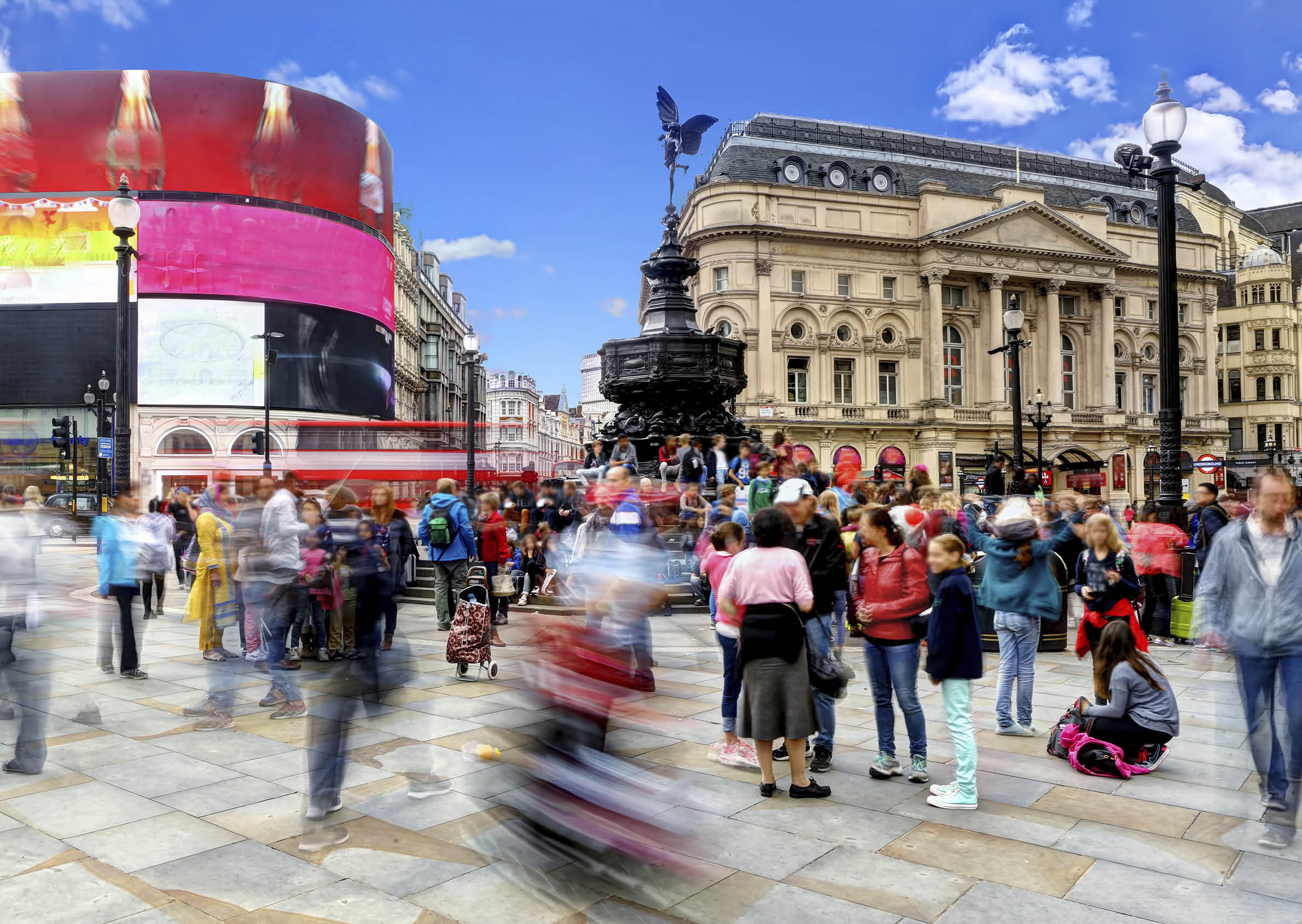 HDR long exposure in the middle of Piccadilly Circus on a busy weekend afternoon in front of the Eros statue.