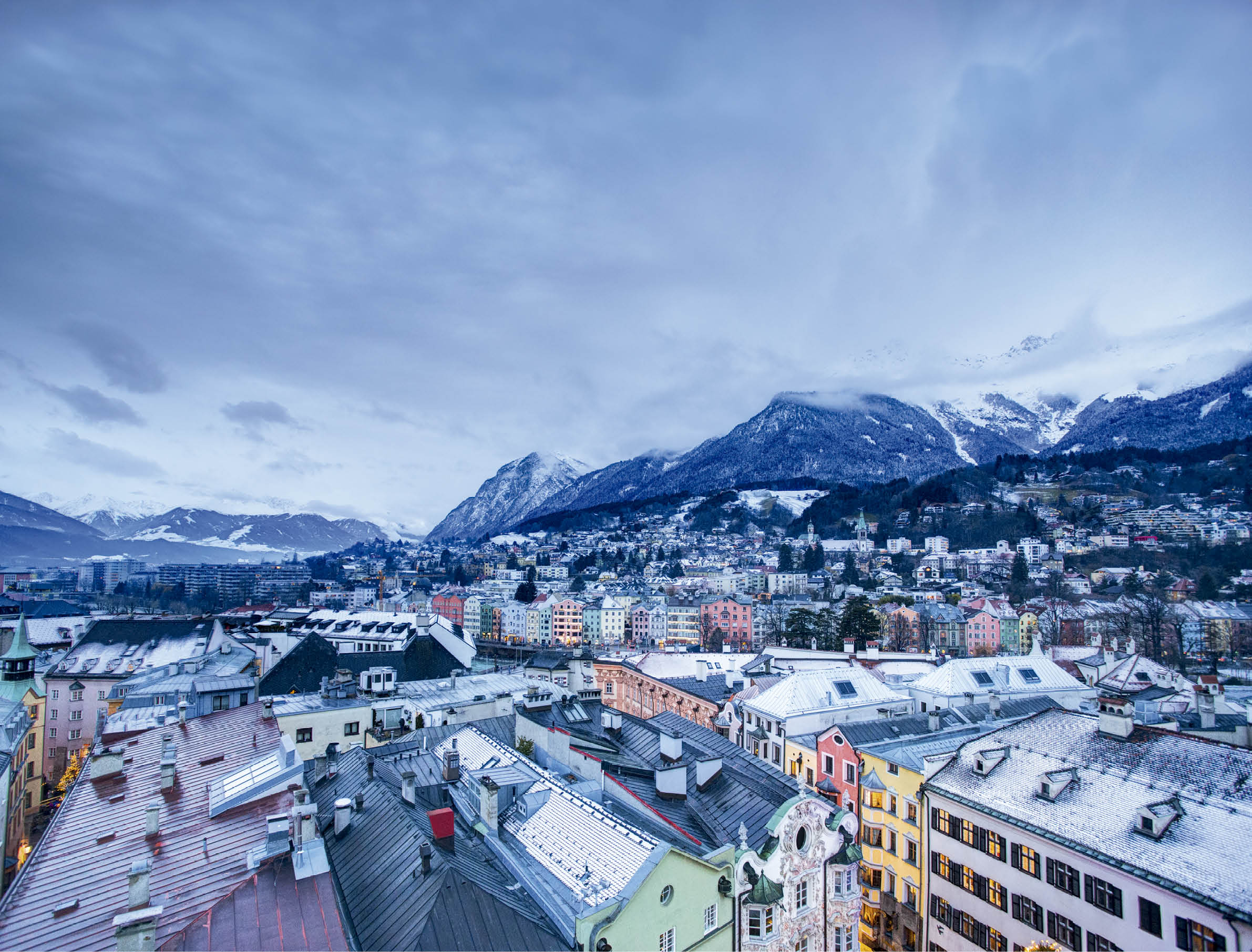Innsbruck - Austria, Winter Cityscape of the city center and the Alps