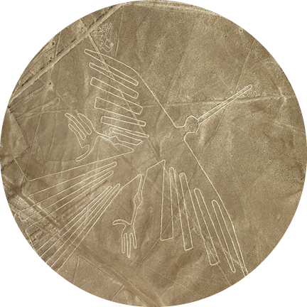 Condor geoglyph, Nazca or Nasca mysterious lines and geoglyphs aerial view sepia colored, landmark in Peru