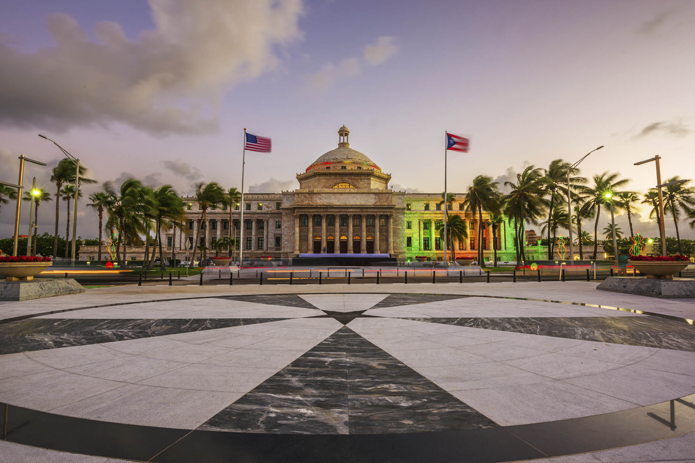 San Juan, Puerto Rico capitol building at dusk.